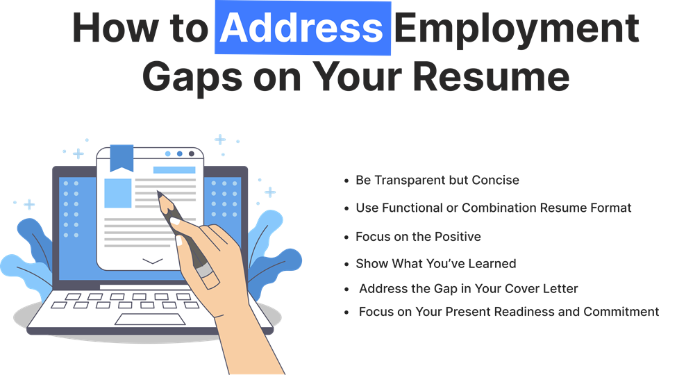  Addressing employment gaps on resumes: Hand points to tips on a laptop screen, emphasizing transparency and skill focus.