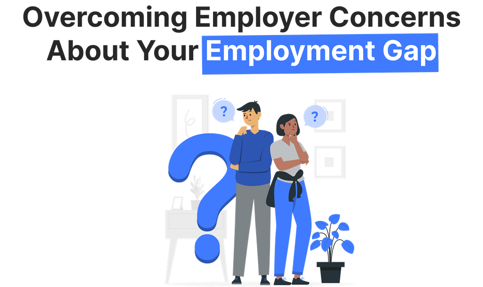 Addressing employer concerns about employment gaps: Two figures ponder a question mark, symbolizing career break worries.